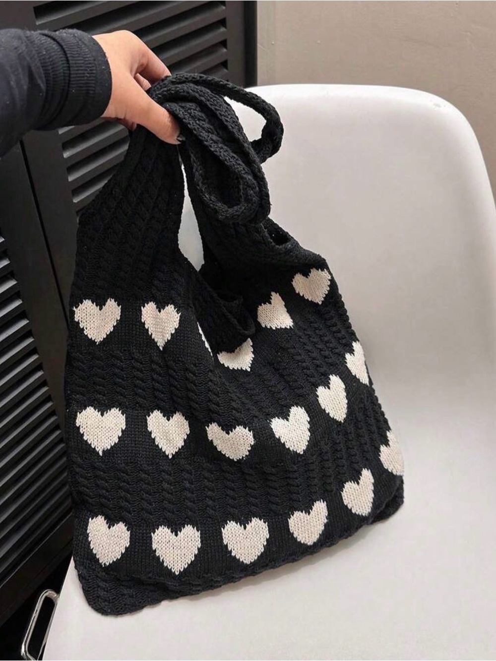 Black Knit Heart Pattern Tote Bag - Casual Women's Shoulder Bag